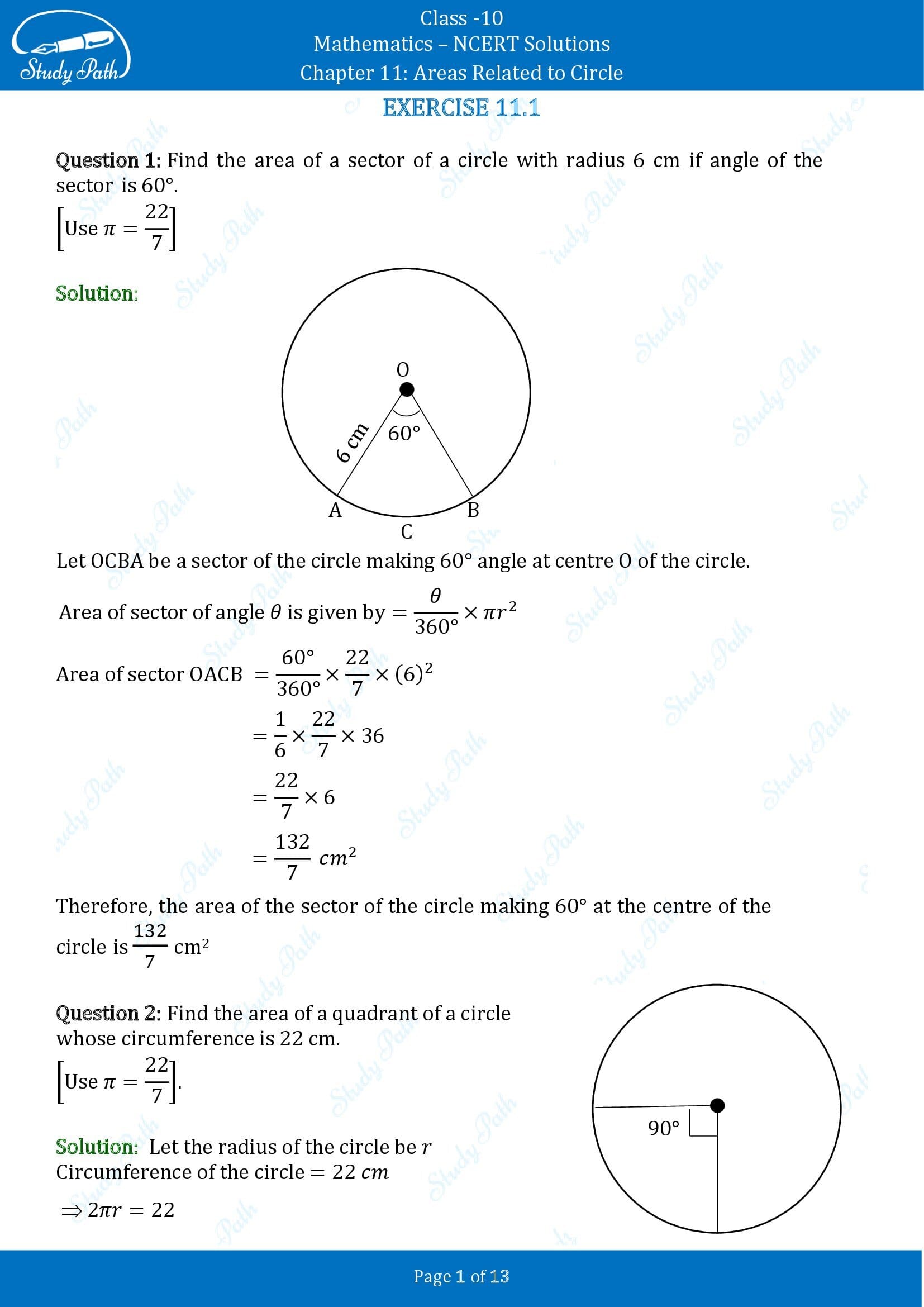 NCERT Solutions for Class 10 Maths Chapter 11 Areas Related to Circles Exercise 11.1 00001