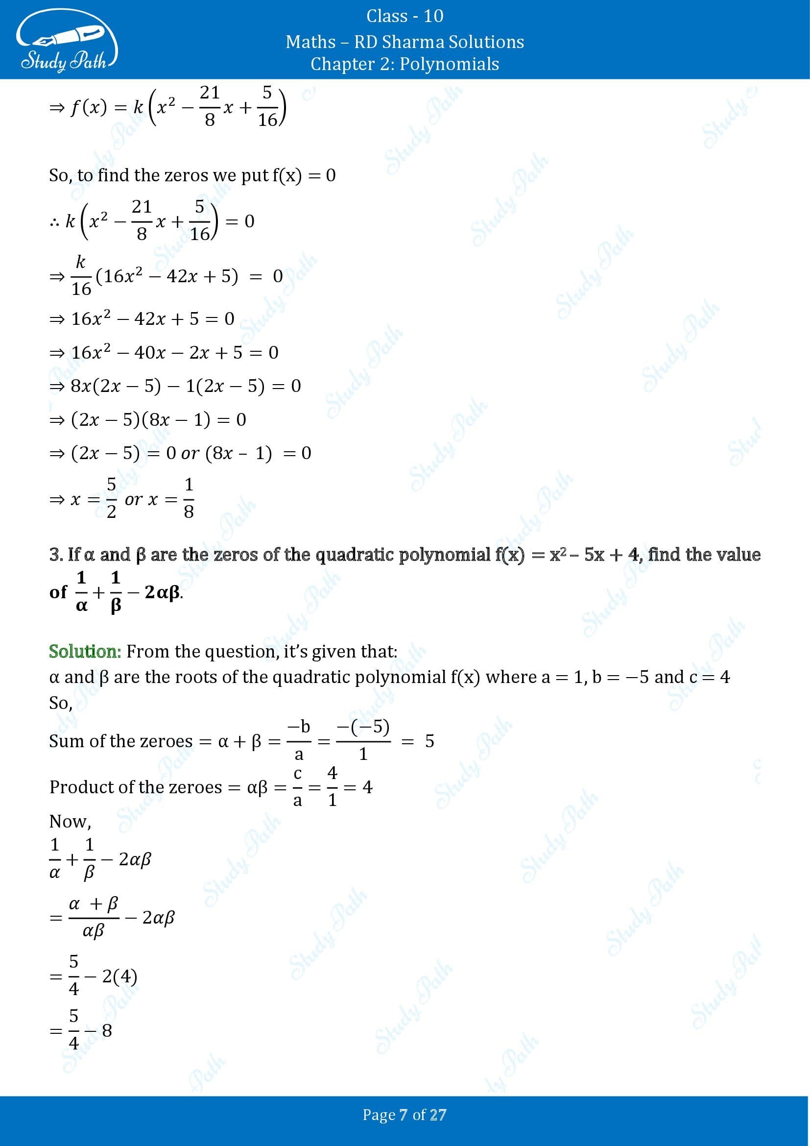 RD Sharma Solutions Class 10 Chapter 2 Polynomials Exercise 2.1 00007