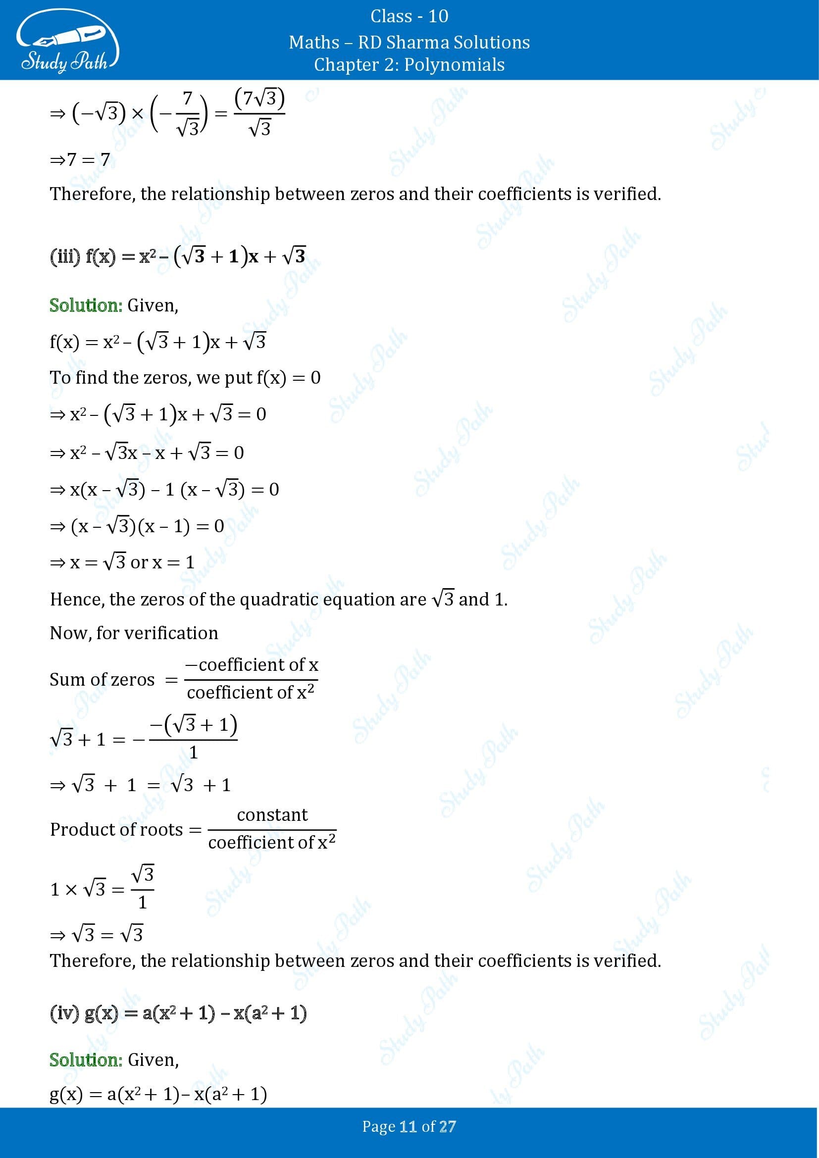 RD Sharma Solutions Class 10 Chapter 2 Polynomials Exercise 2.1 00011