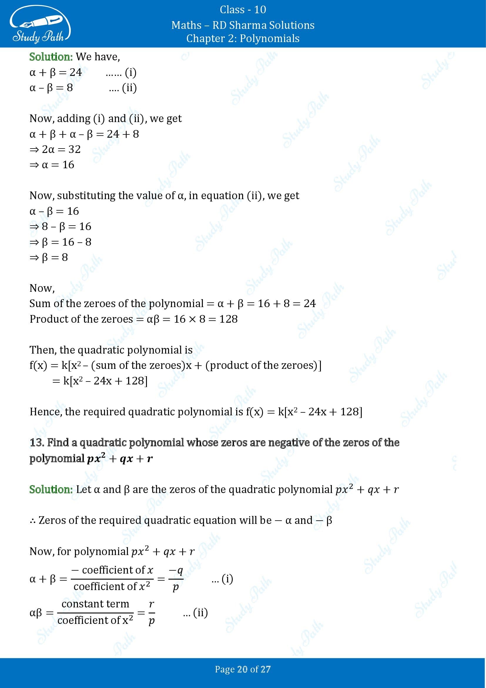 RD Sharma Solutions Class 10 Chapter 2 Polynomials Exercise 2.1 00020