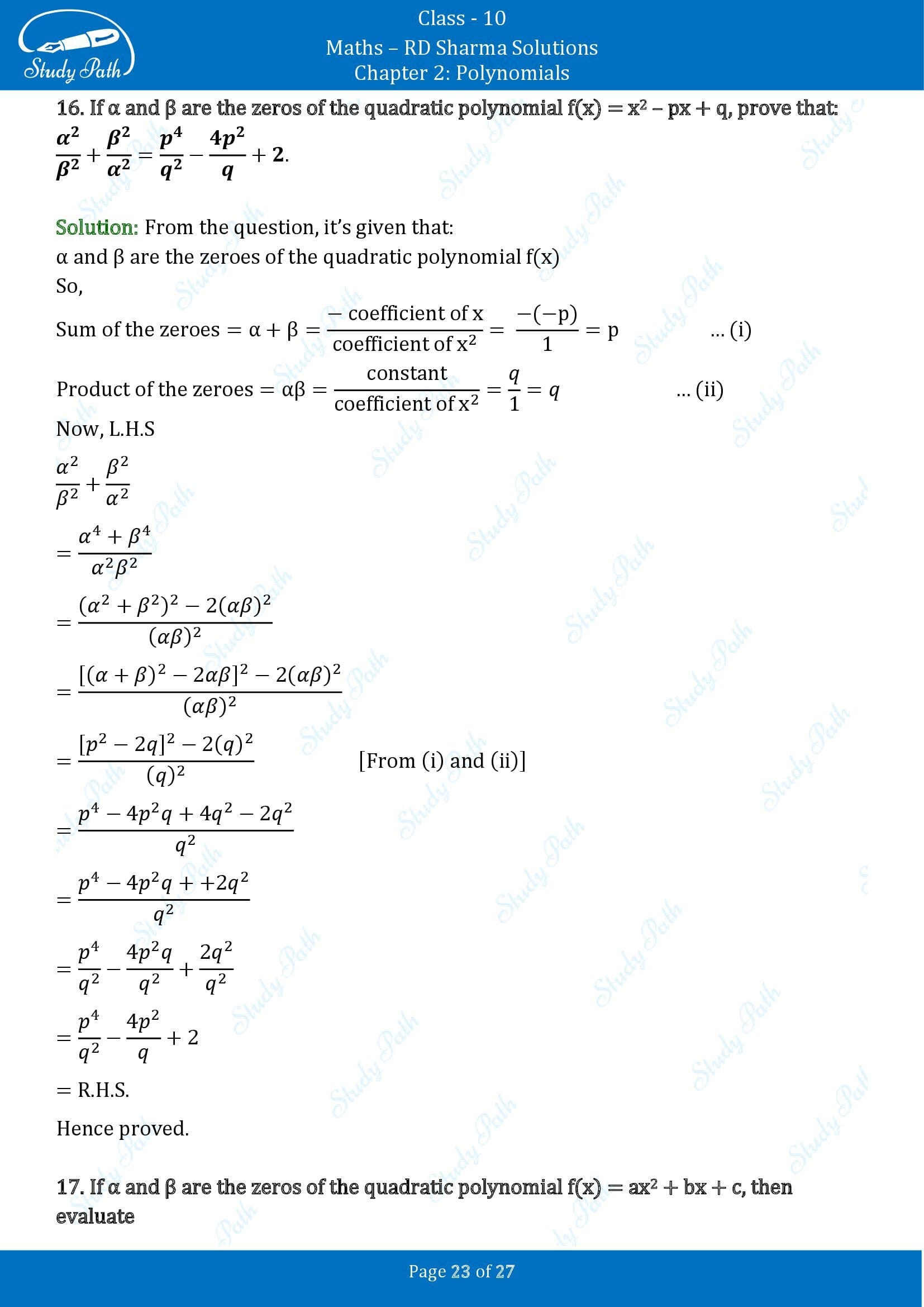 RD Sharma Solutions Class 10 Chapter 2 Polynomials Exercise 2.1 00023