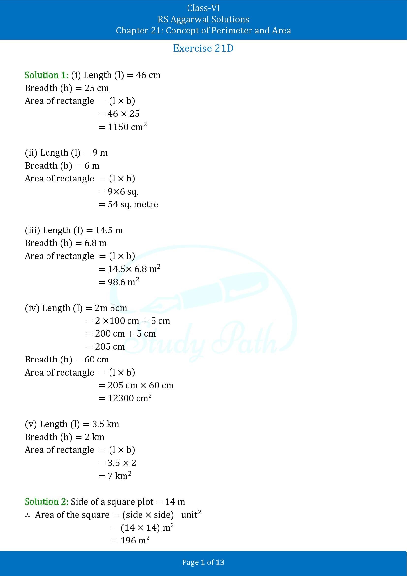 RS Aggarwal Solutions Class 6 Chapter 21 Concept of Perimeter and Area Exercise 21D 00001