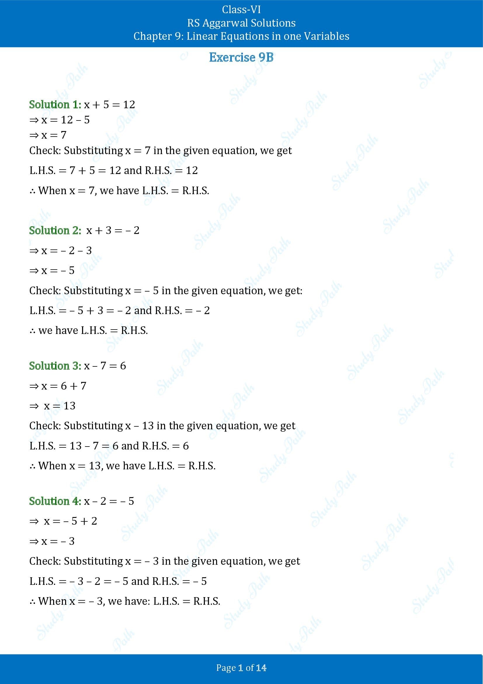 RS Aggarwal Solutions Class 6 Chapter 9 Linear Equations in One Variable Exercise 9B 00001