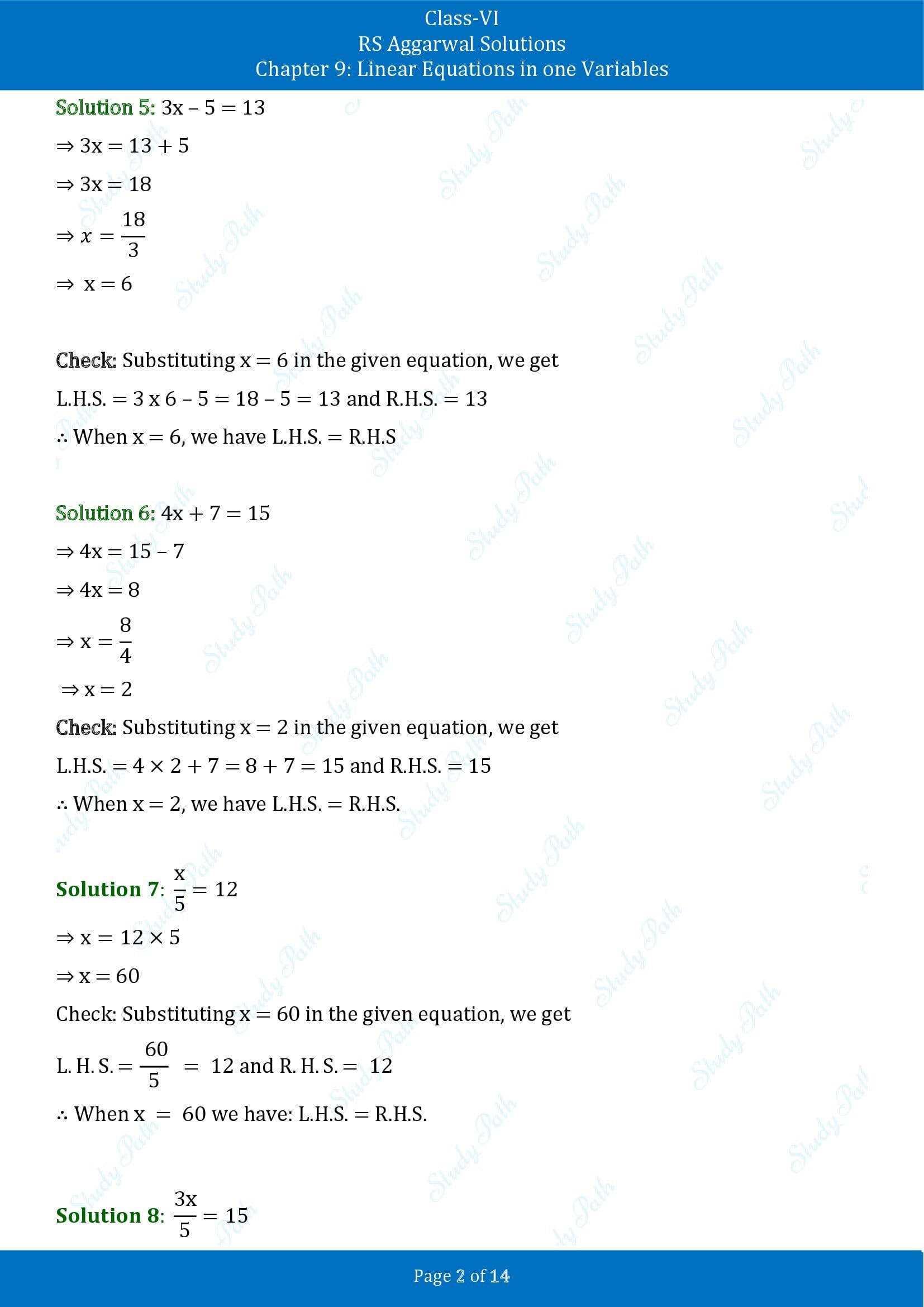 RS Aggarwal Solutions Class 6 Chapter 9 Linear Equations in One Variable Exercise 9B 00002