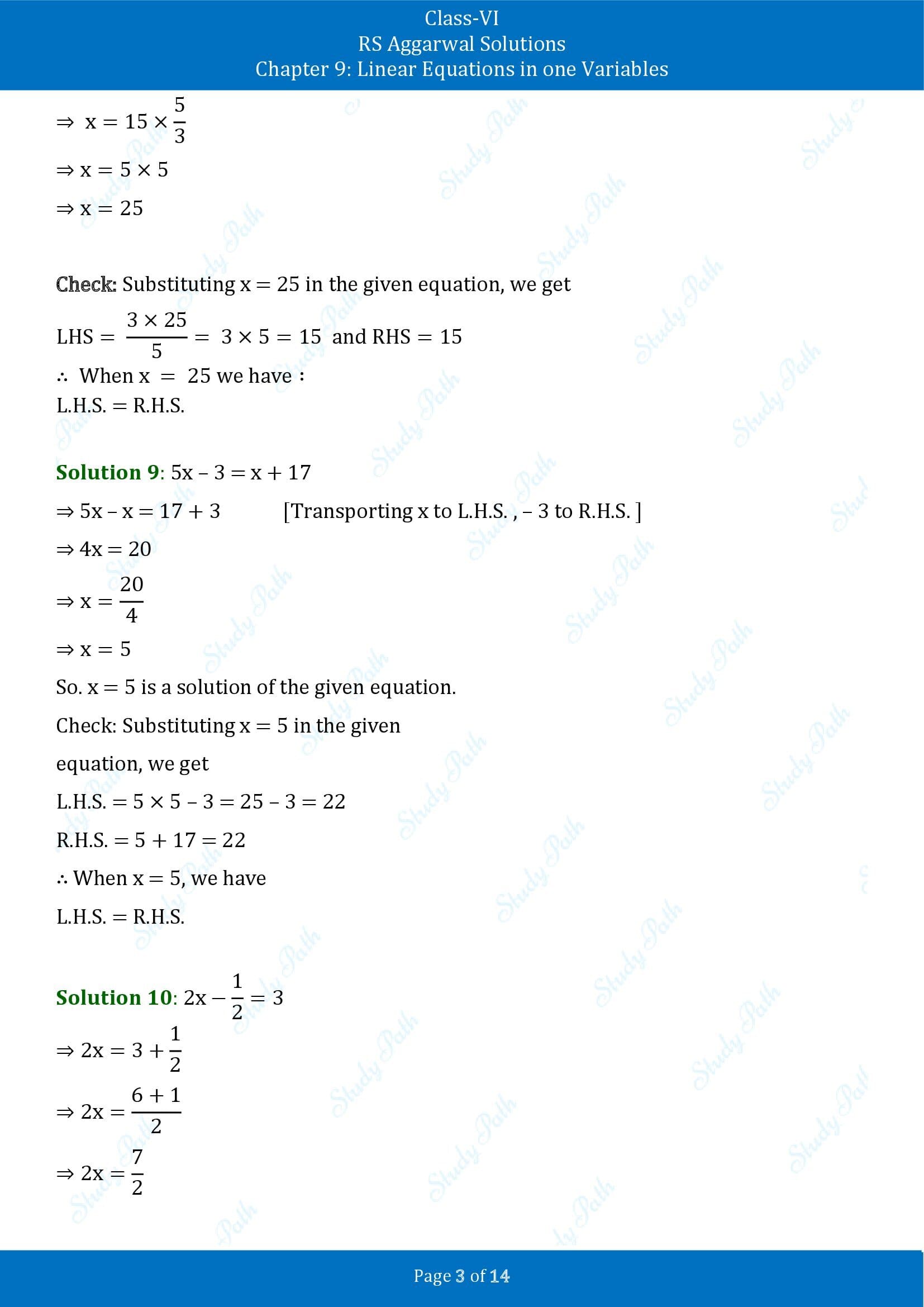 RS Aggarwal Solutions Class 6 Chapter 9 Linear Equations in One Variable Exercise 9B 00003