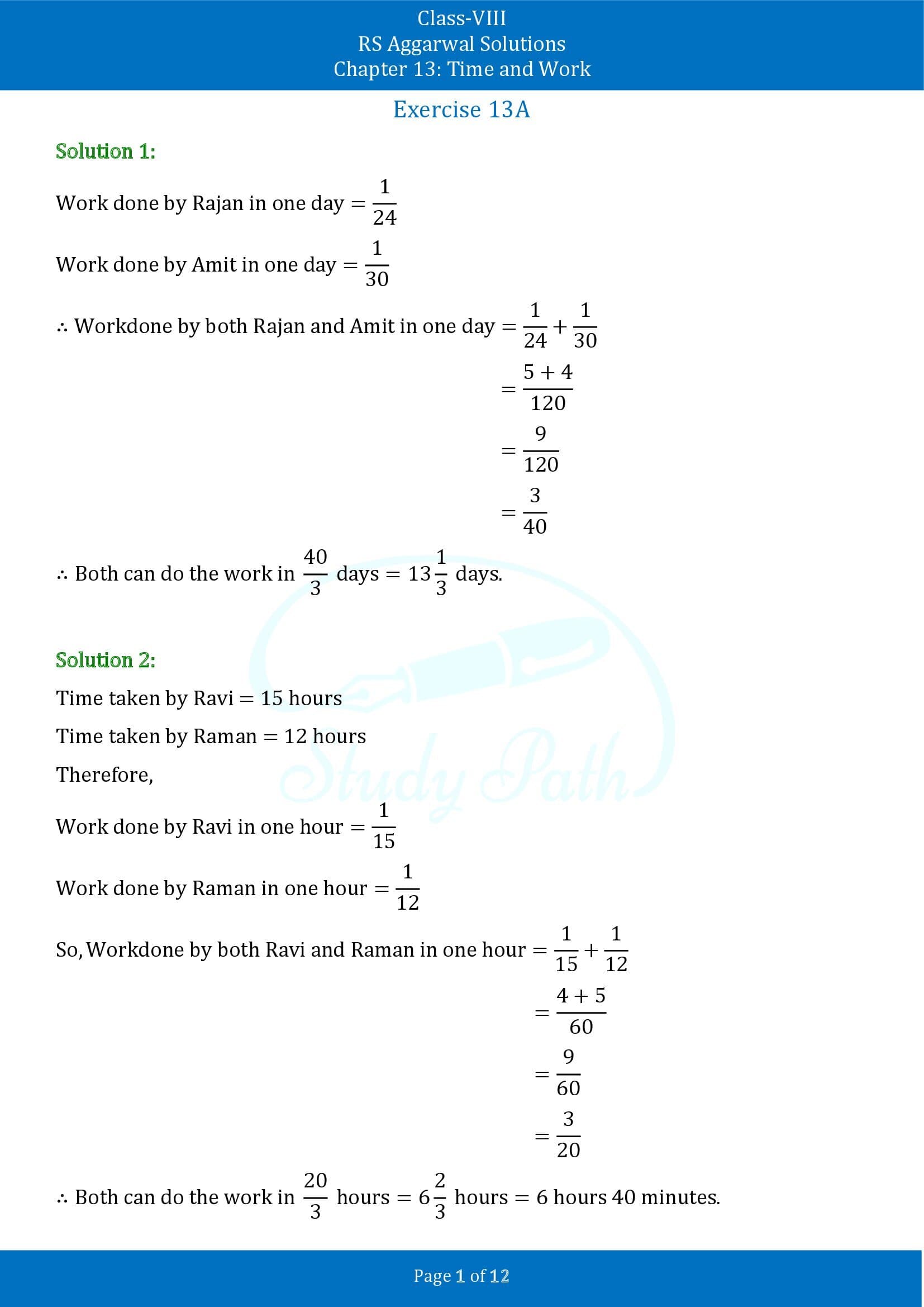 RS Aggarwal Solutions Class 8 Chapter 13 Time and Work Exercise 13A 00001