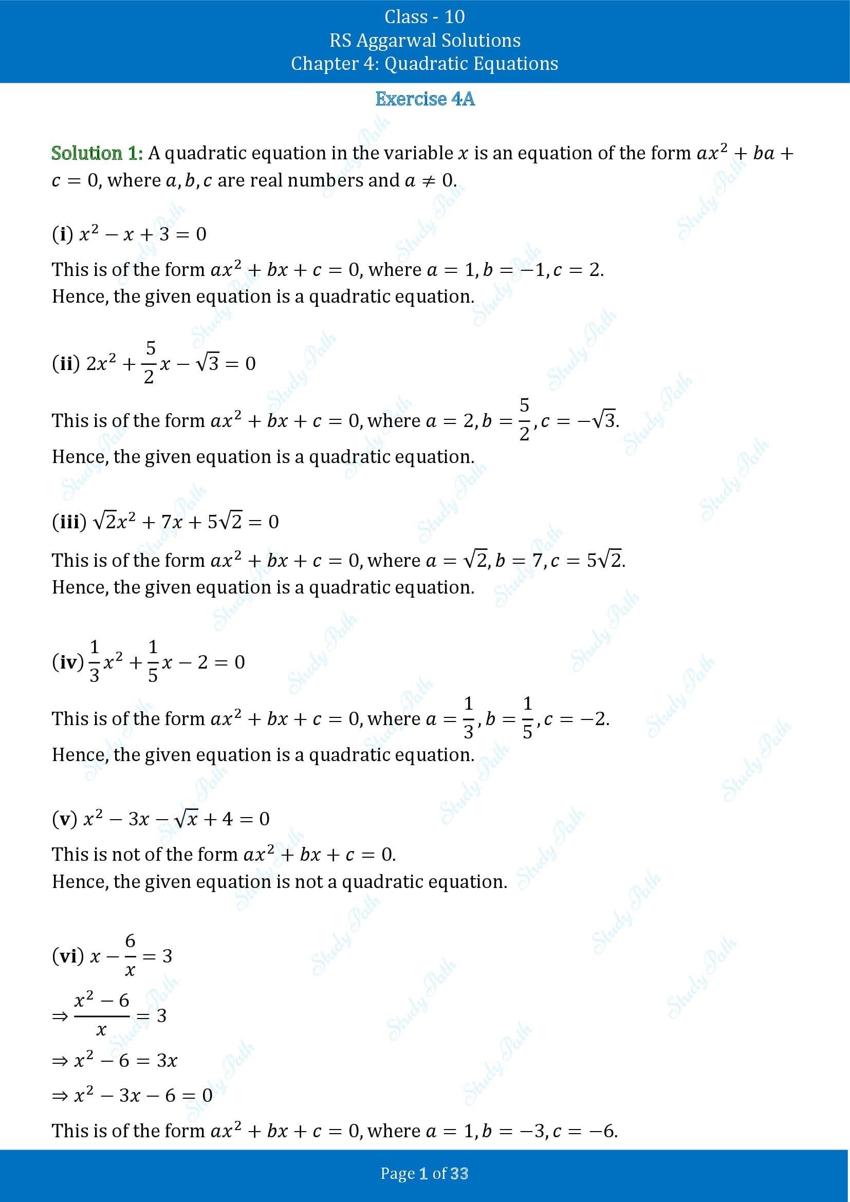 RS Aggarwal Solutions for Class 10 Chapter 4 Quadratic Equations Exercise 4A 00001