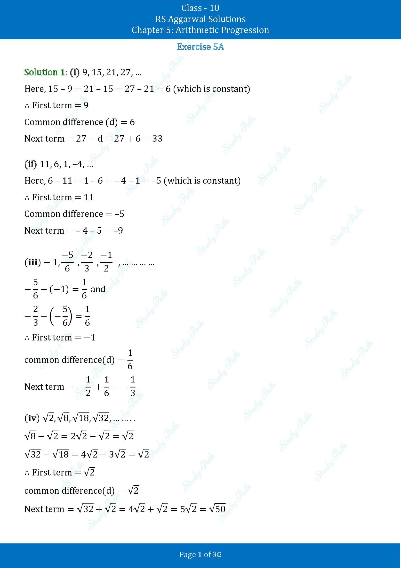 RS Aggarwal Solutions for Class 10 Chapter 5 Arithmetic Progression Exercise 5A 00001