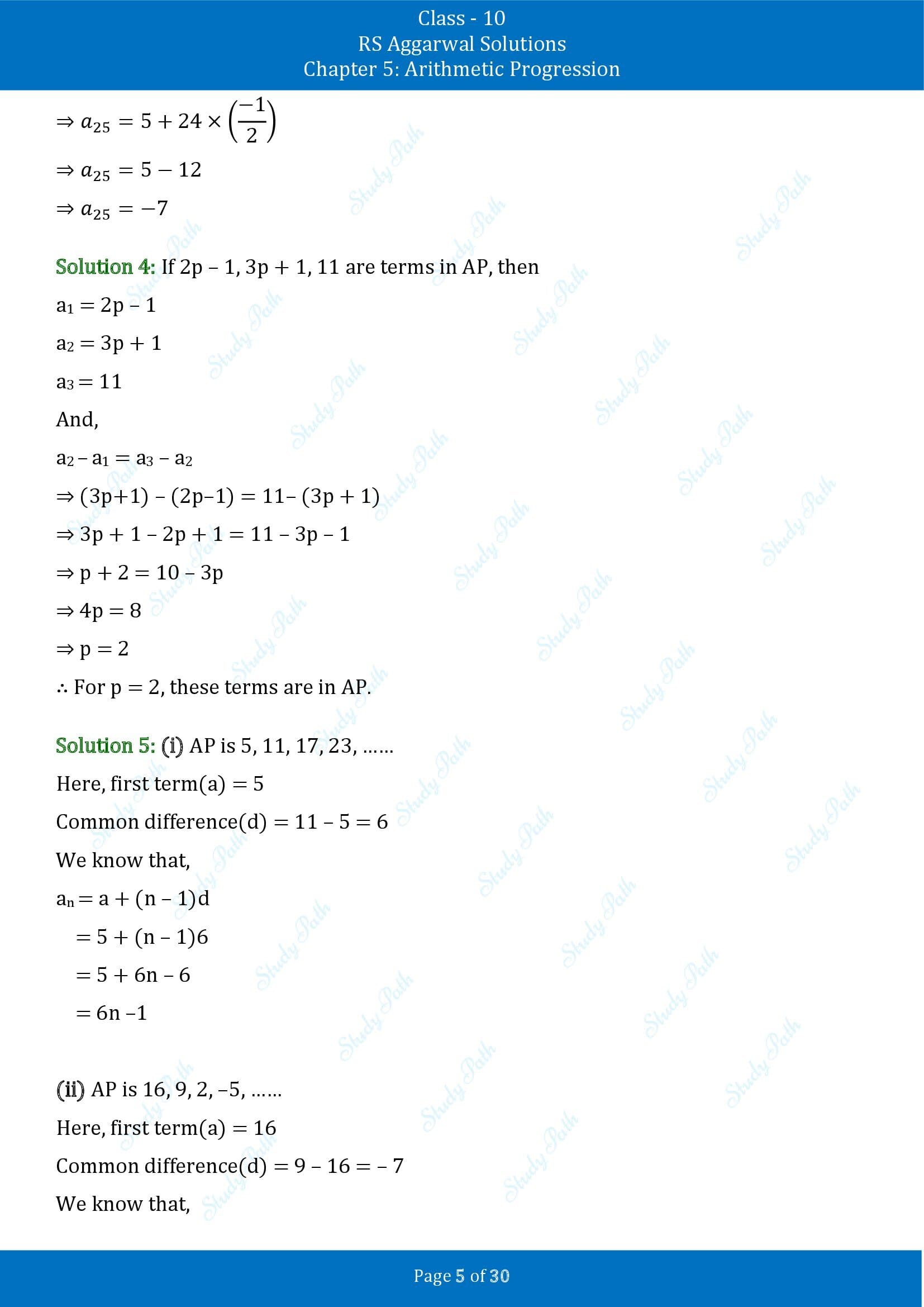 RS Aggarwal Solutions for Class 10 Chapter 5 Arithmetic Progression Exercise 5A 00005