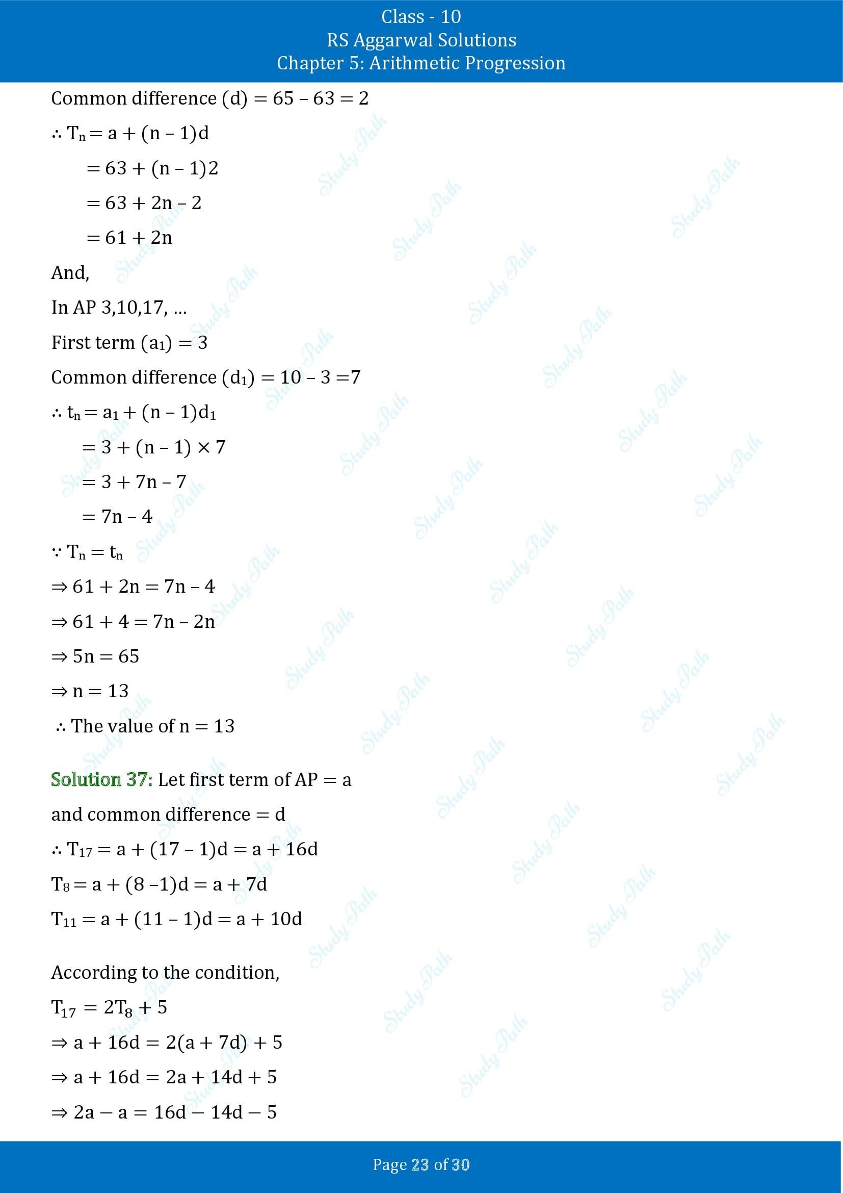 RS Aggarwal Solutions for Class 10 Chapter 5 Arithmetic Progression Exercise 5A 00023