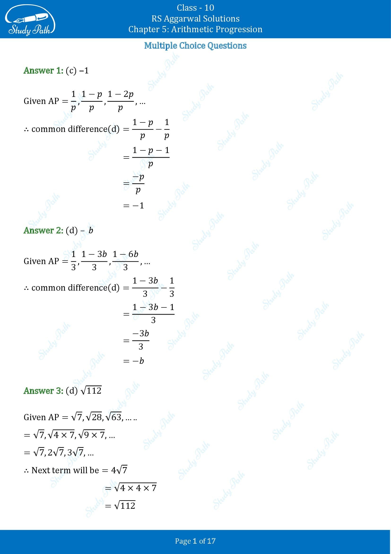 RS Aggarwal Solutions for Class 10 Chapter 5 Arithmetic Progression Multiple Choice Questions 00001