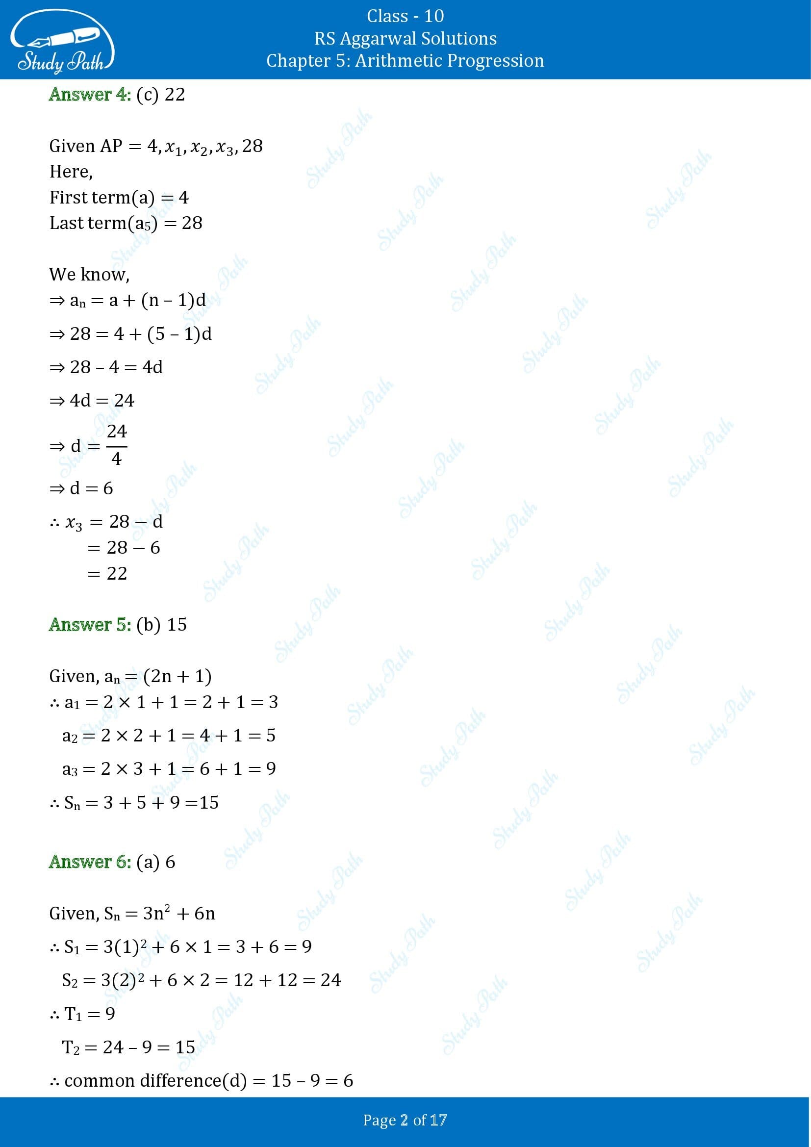 RS Aggarwal Solutions for Class 10 Chapter 5 Arithmetic Progression Multiple Choice Questions 00002