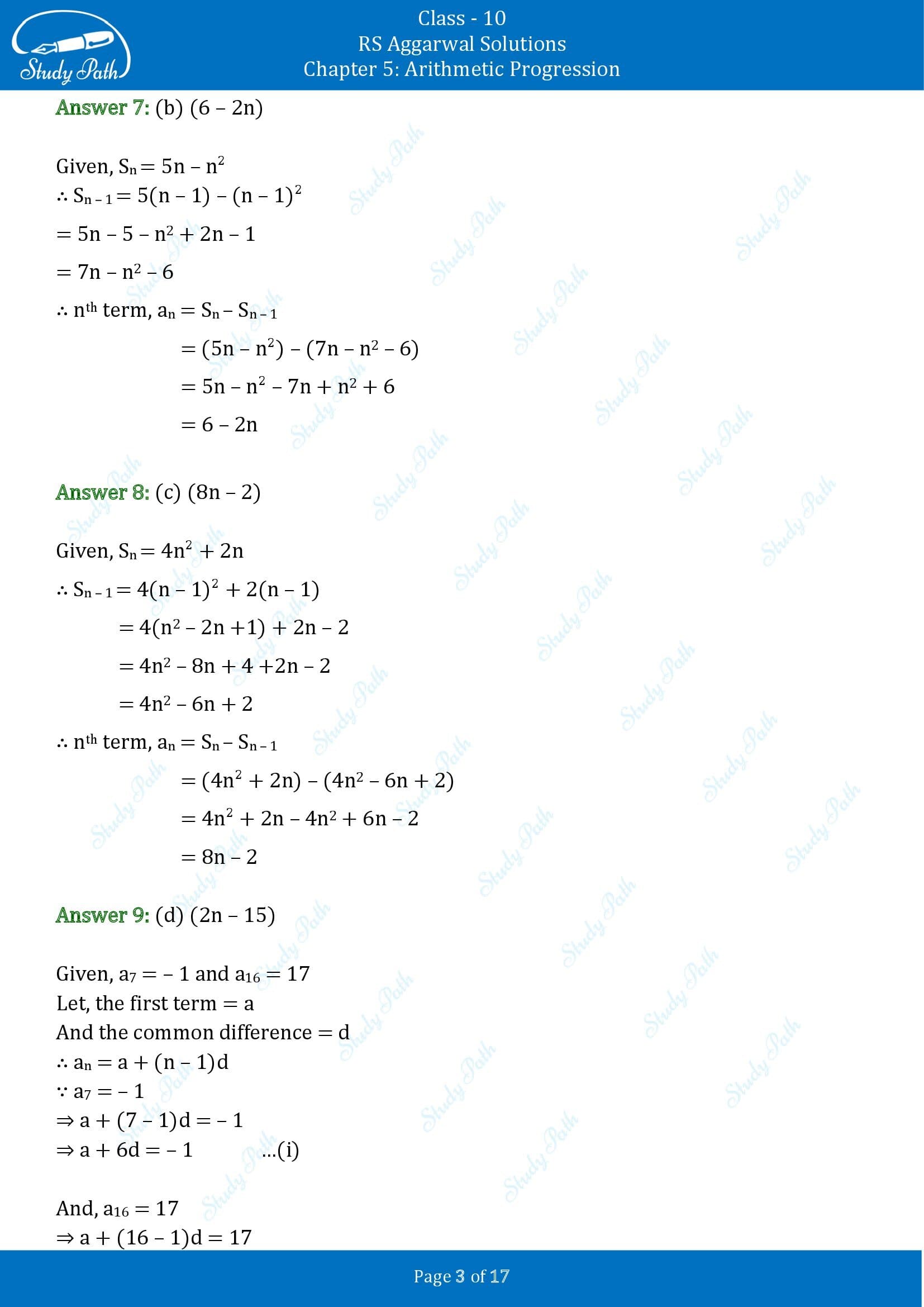 RS Aggarwal Solutions for Class 10 Chapter 5 Arithmetic Progression Multiple Choice Questions 00003