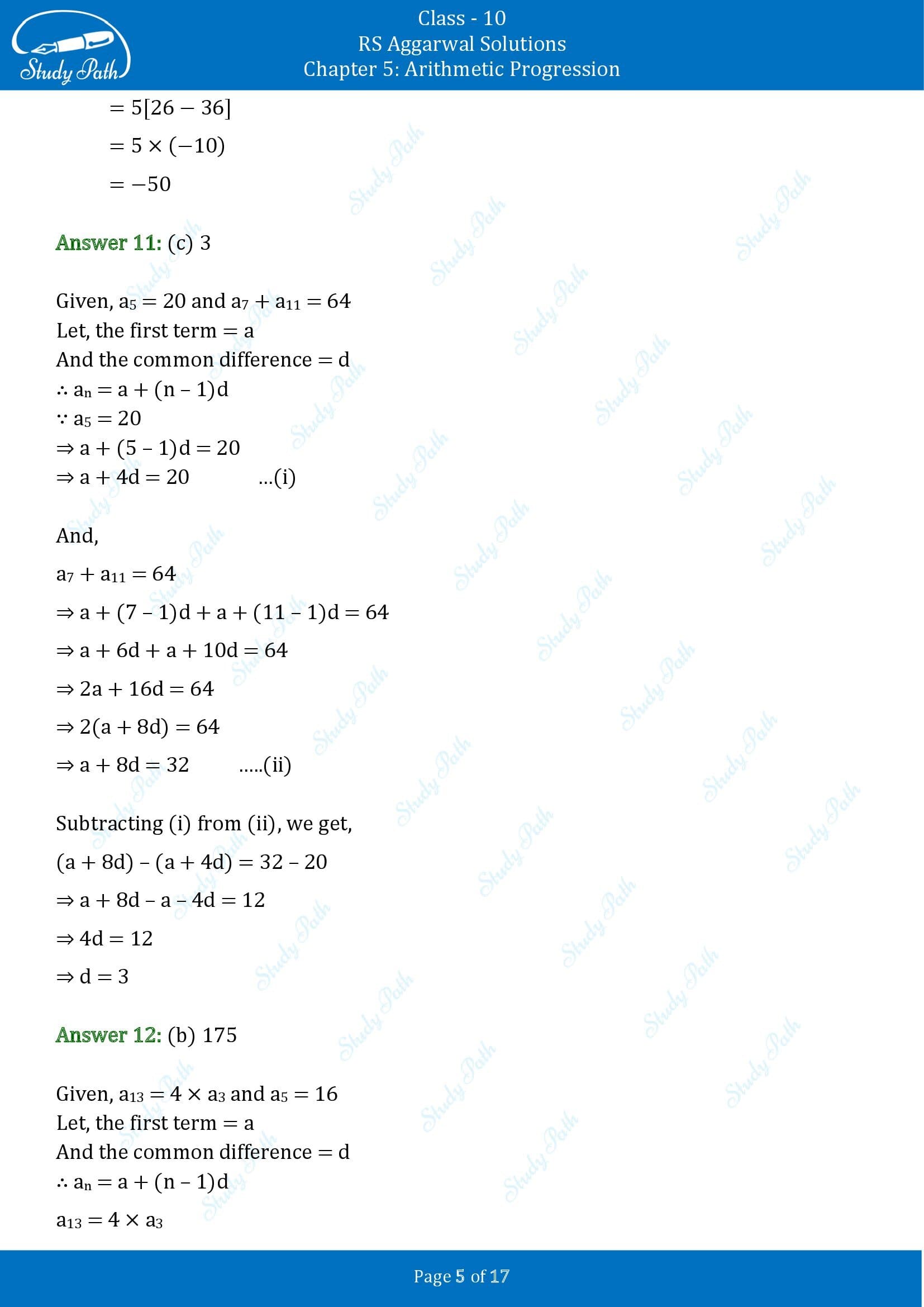 RS Aggarwal Solutions for Class 10 Chapter 5 Arithmetic Progression Multiple Choice Questions 00005