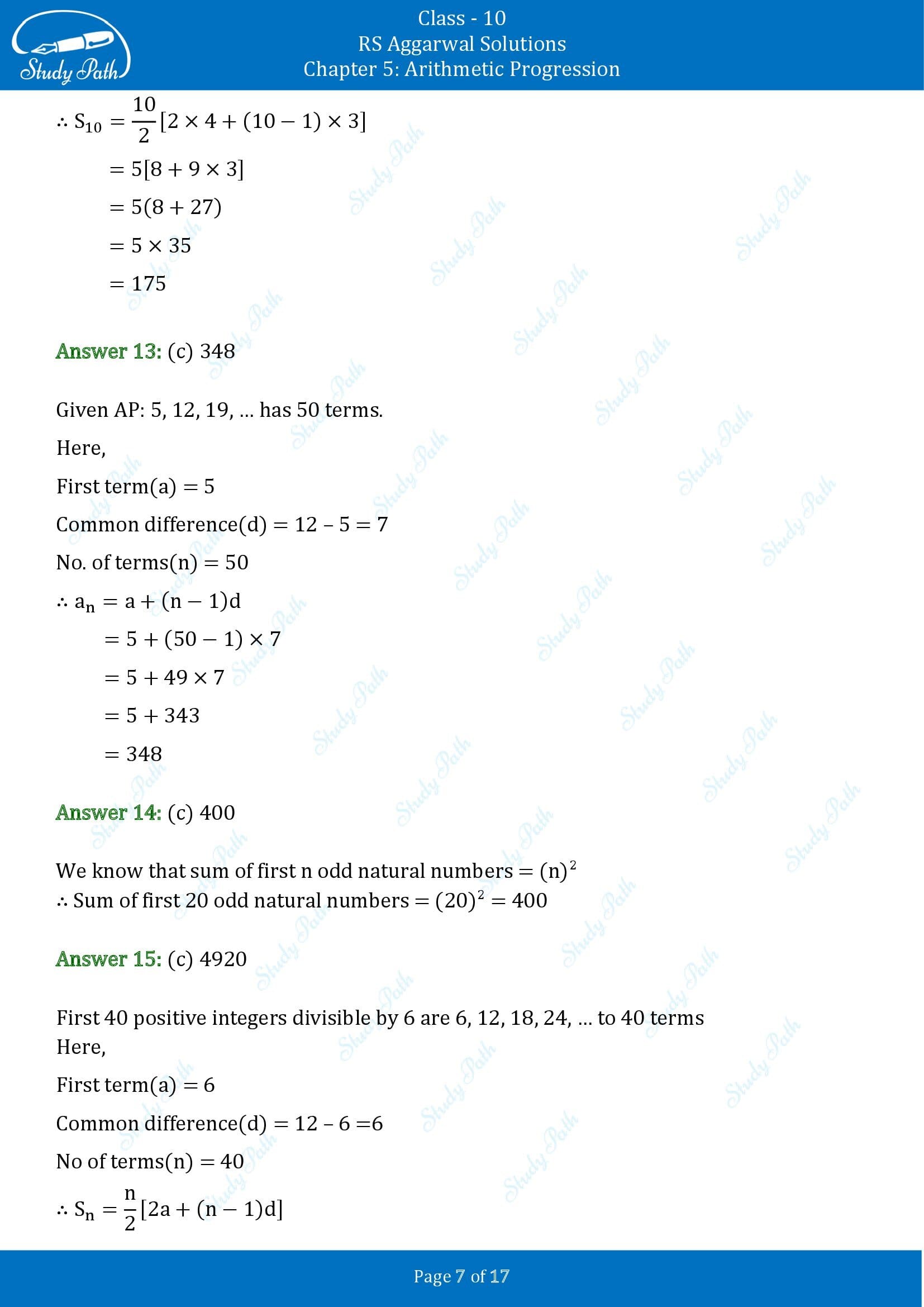 RS Aggarwal Solutions for Class 10 Chapter 5 Arithmetic Progression Multiple Choice Questions 00007