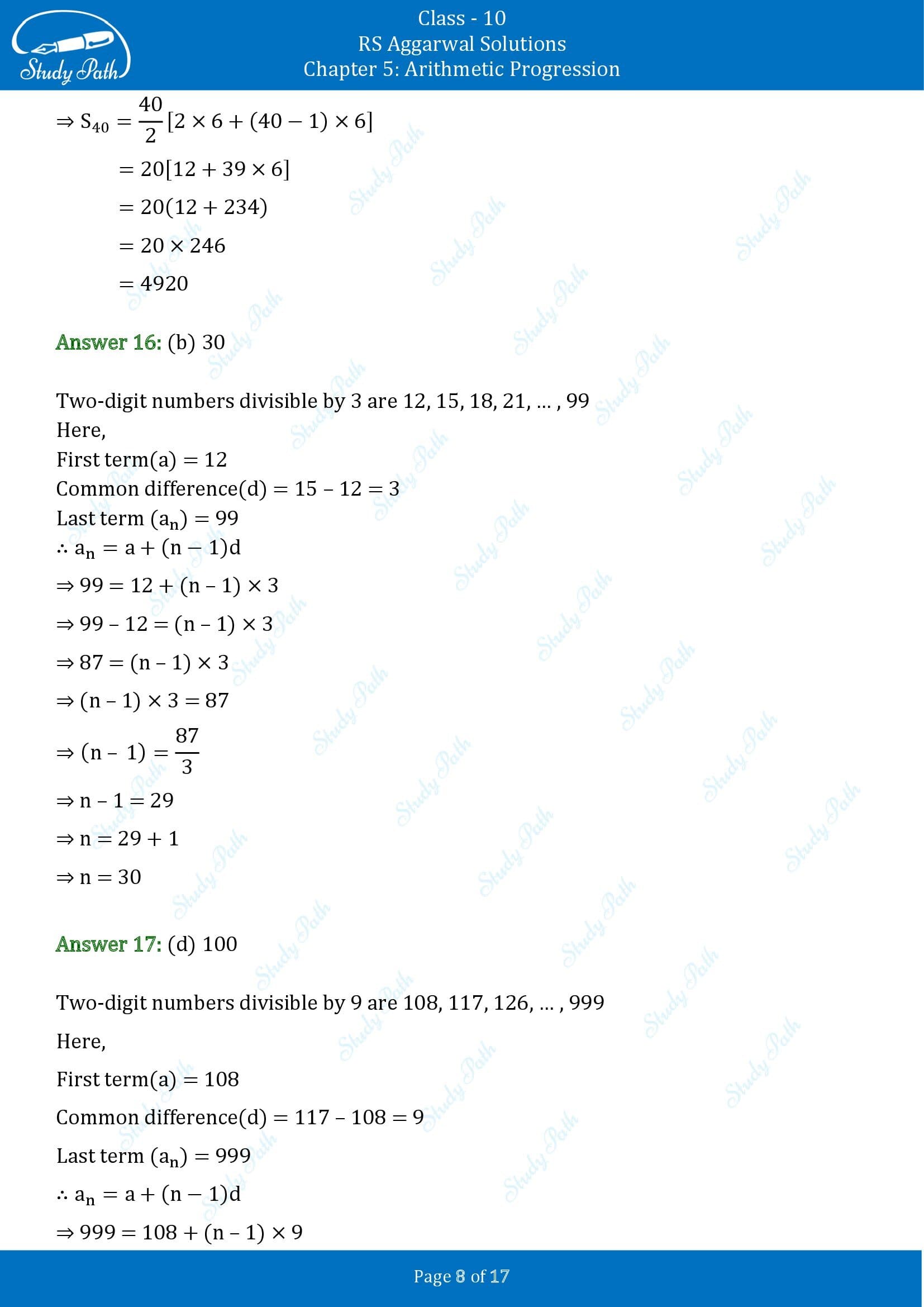 RS Aggarwal Solutions for Class 10 Chapter 5 Arithmetic Progression Multiple Choice Questions 00008