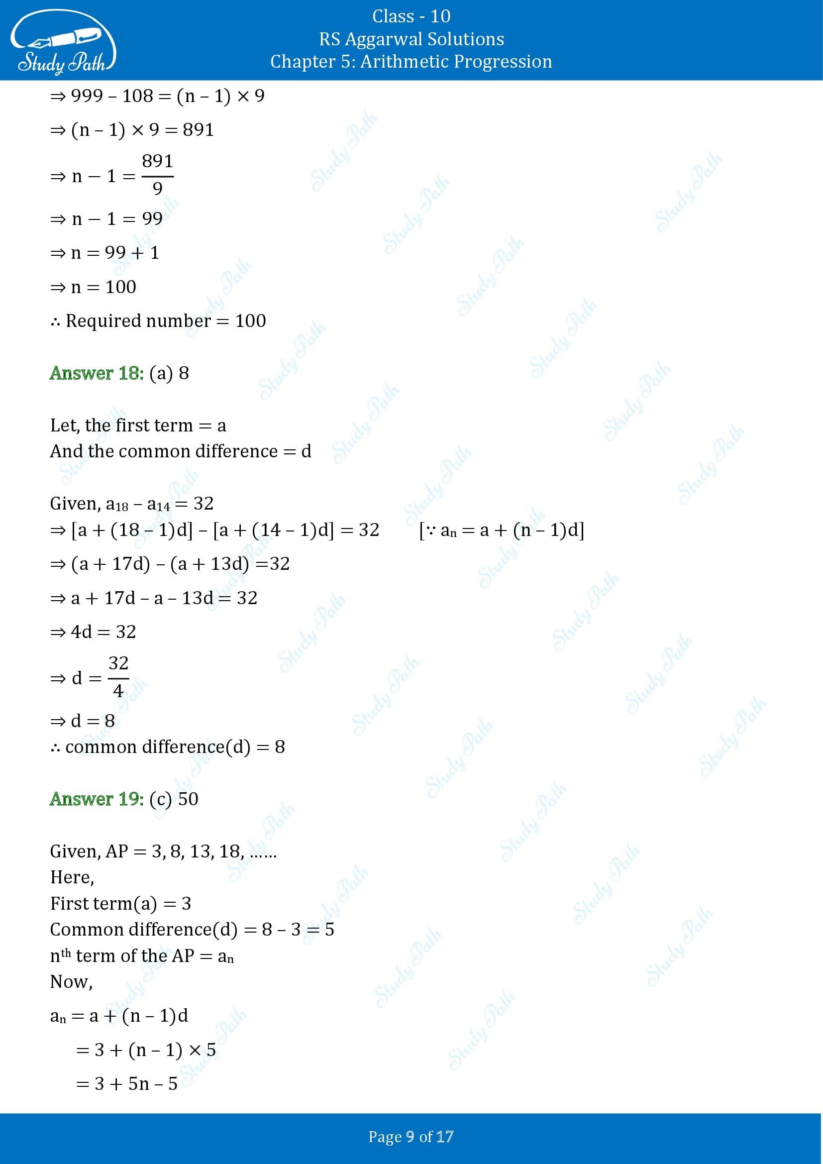 RS Aggarwal Solutions for Class 10 Chapter 5 Arithmetic Progression Multiple Choice Questions 00009