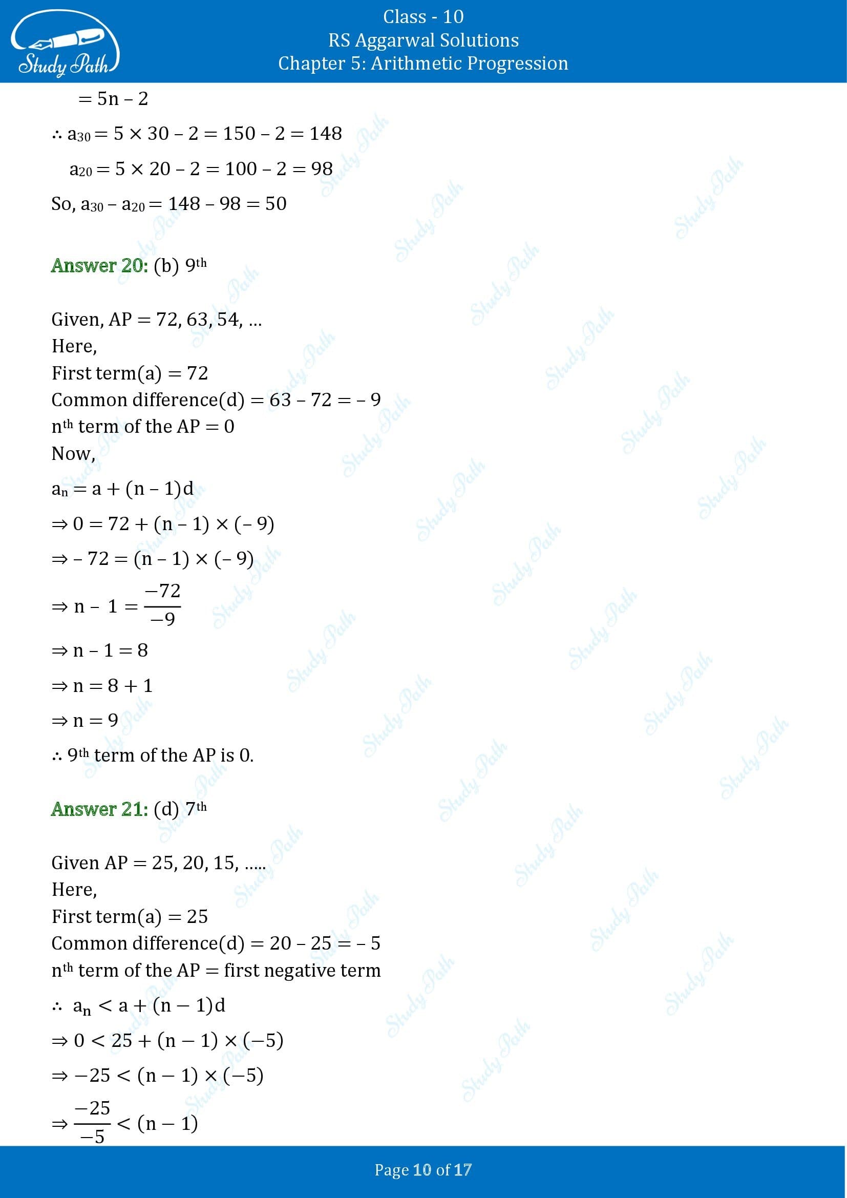 RS Aggarwal Solutions for Class 10 Chapter 5 Arithmetic Progression Multiple Choice Questions 00010