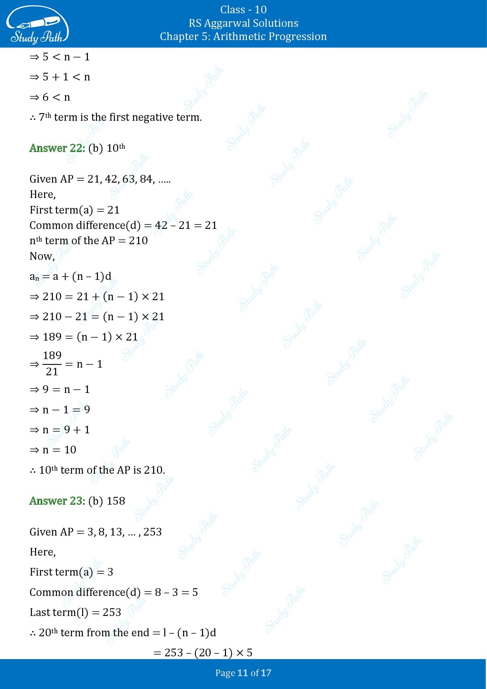 RS Aggarwal Solutions for Class 10 Chapter 5 Arithmetic Progression Multiple Choice Questions 00011