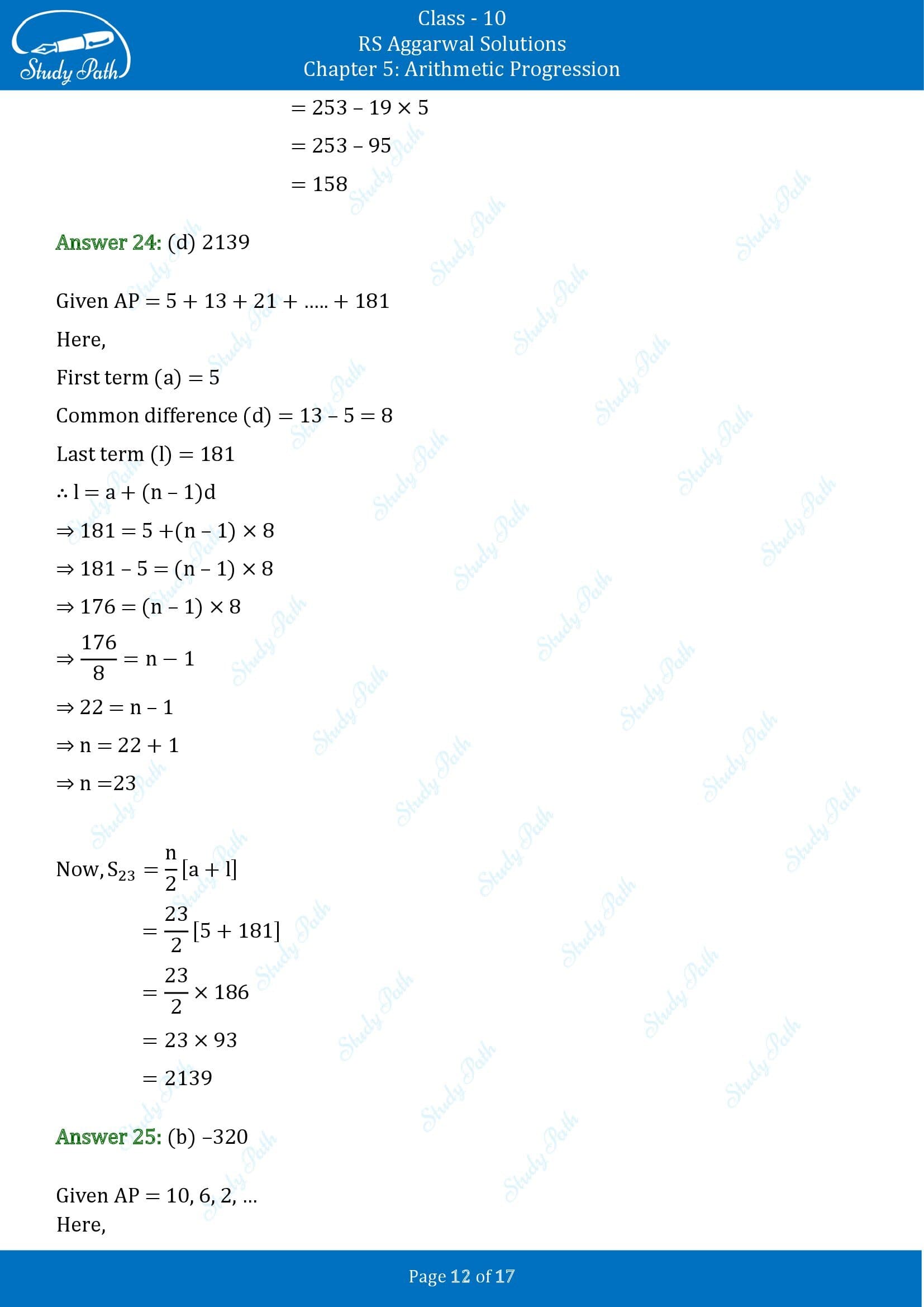 RS Aggarwal Solutions for Class 10 Chapter 5 Arithmetic Progression Multiple Choice Questions 00012