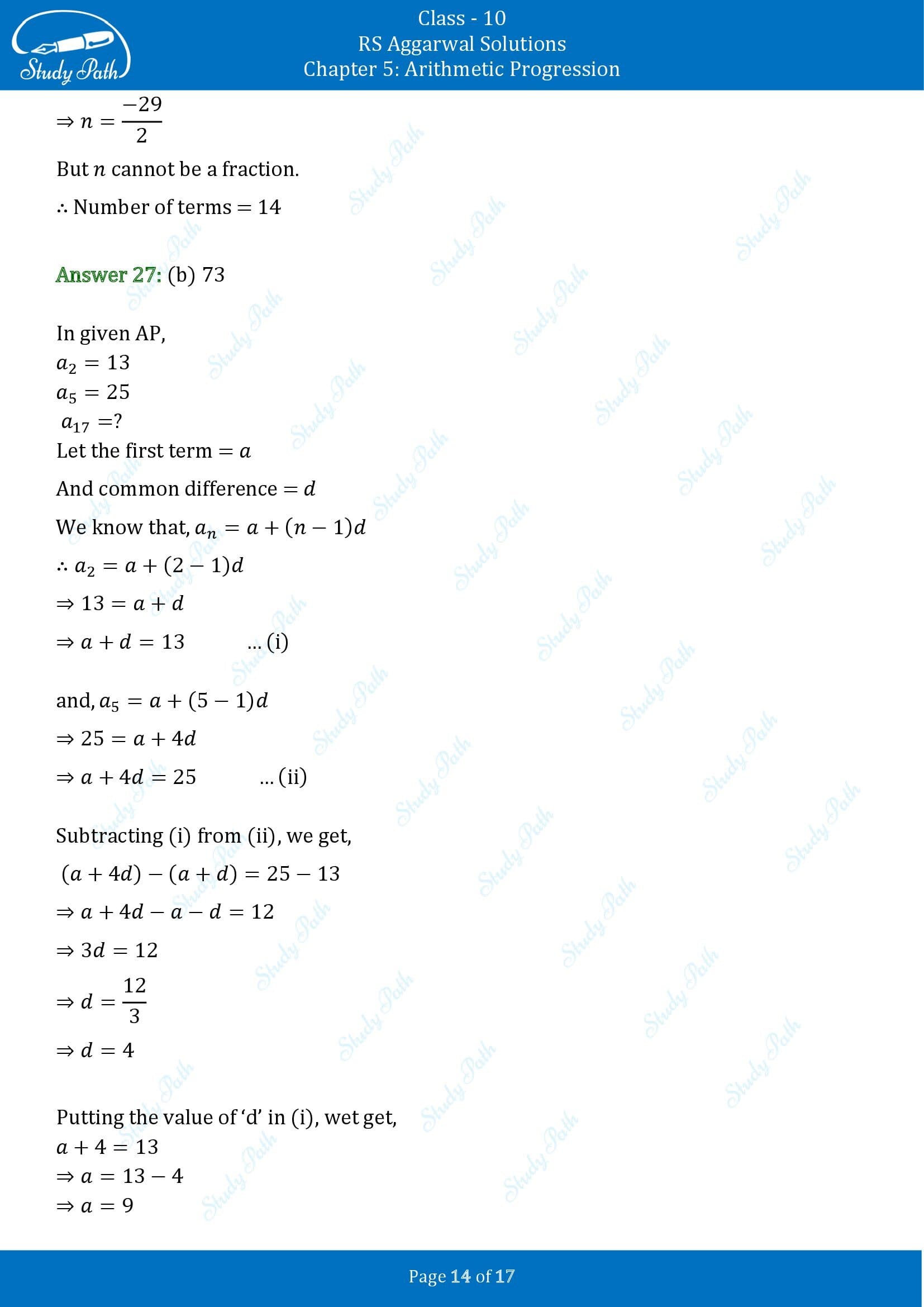 RS Aggarwal Solutions for Class 10 Chapter 5 Arithmetic Progression Multiple Choice Questions 00014