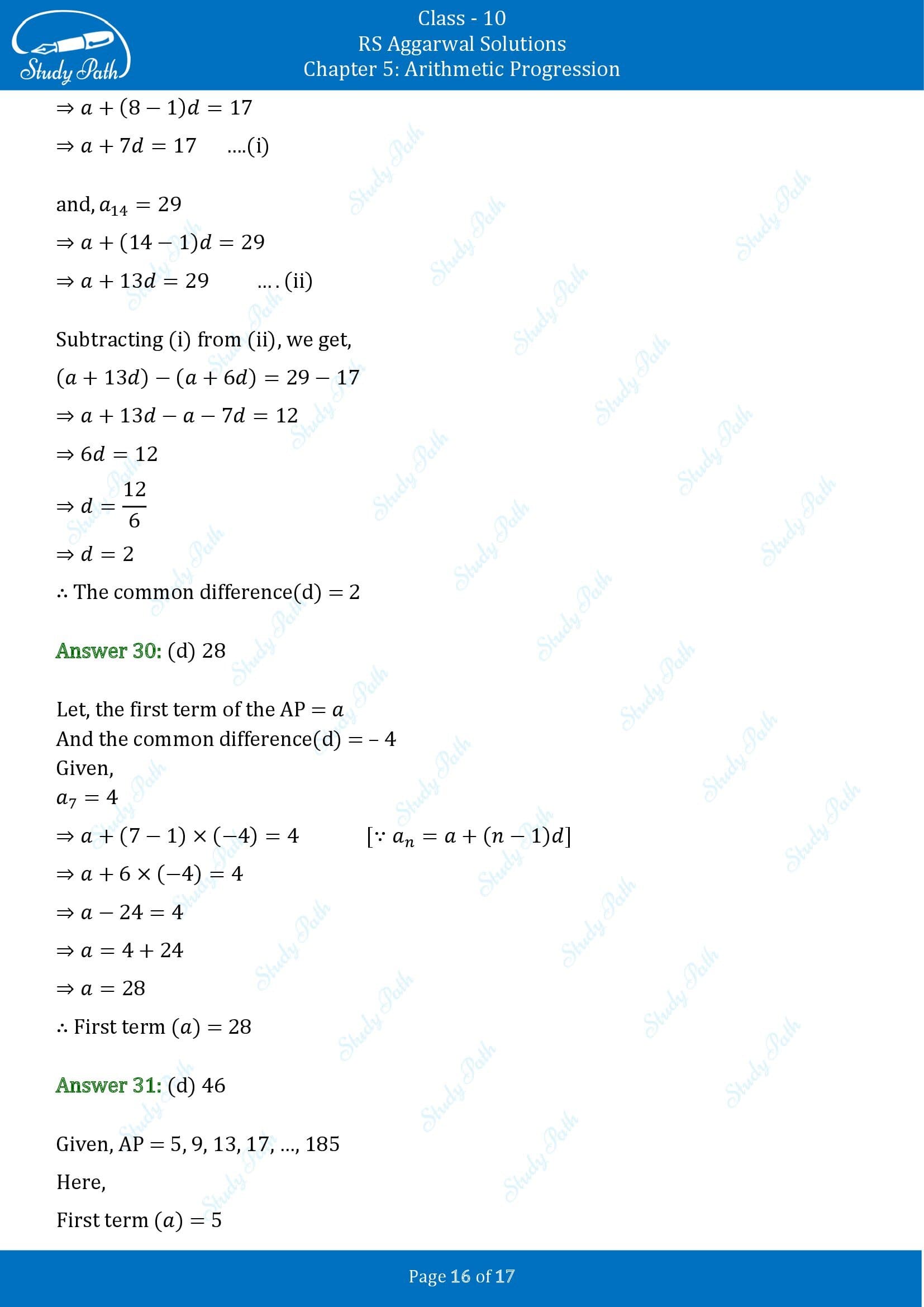 RS Aggarwal Solutions for Class 10 Chapter 5 Arithmetic Progression Multiple Choice Questions 00016