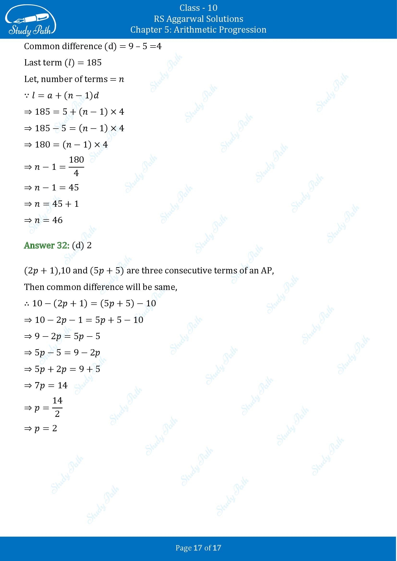 RS Aggarwal Solutions for Class 10 Chapter 5 Arithmetic Progression Multiple Choice Questions 00017