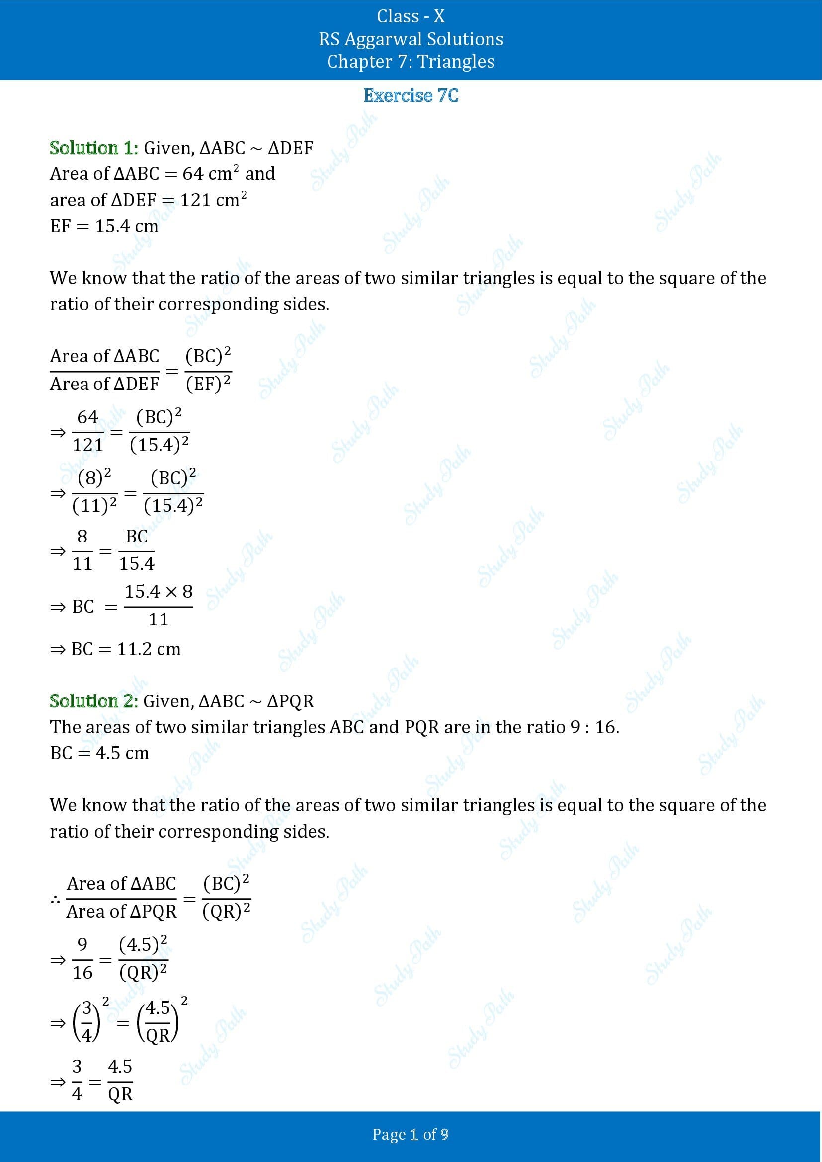 RS Aggarwal Solutions for Class 10 Chapter 7 Triangles Exercise 7C 00001