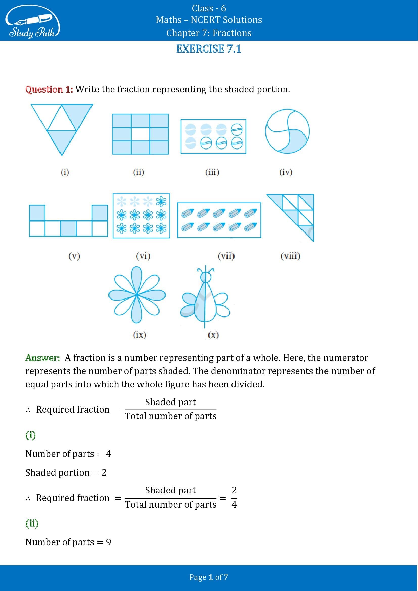NCERT Solutions for Class 6 Maths Chapter 7 Fractions Exercise 7.1 00001