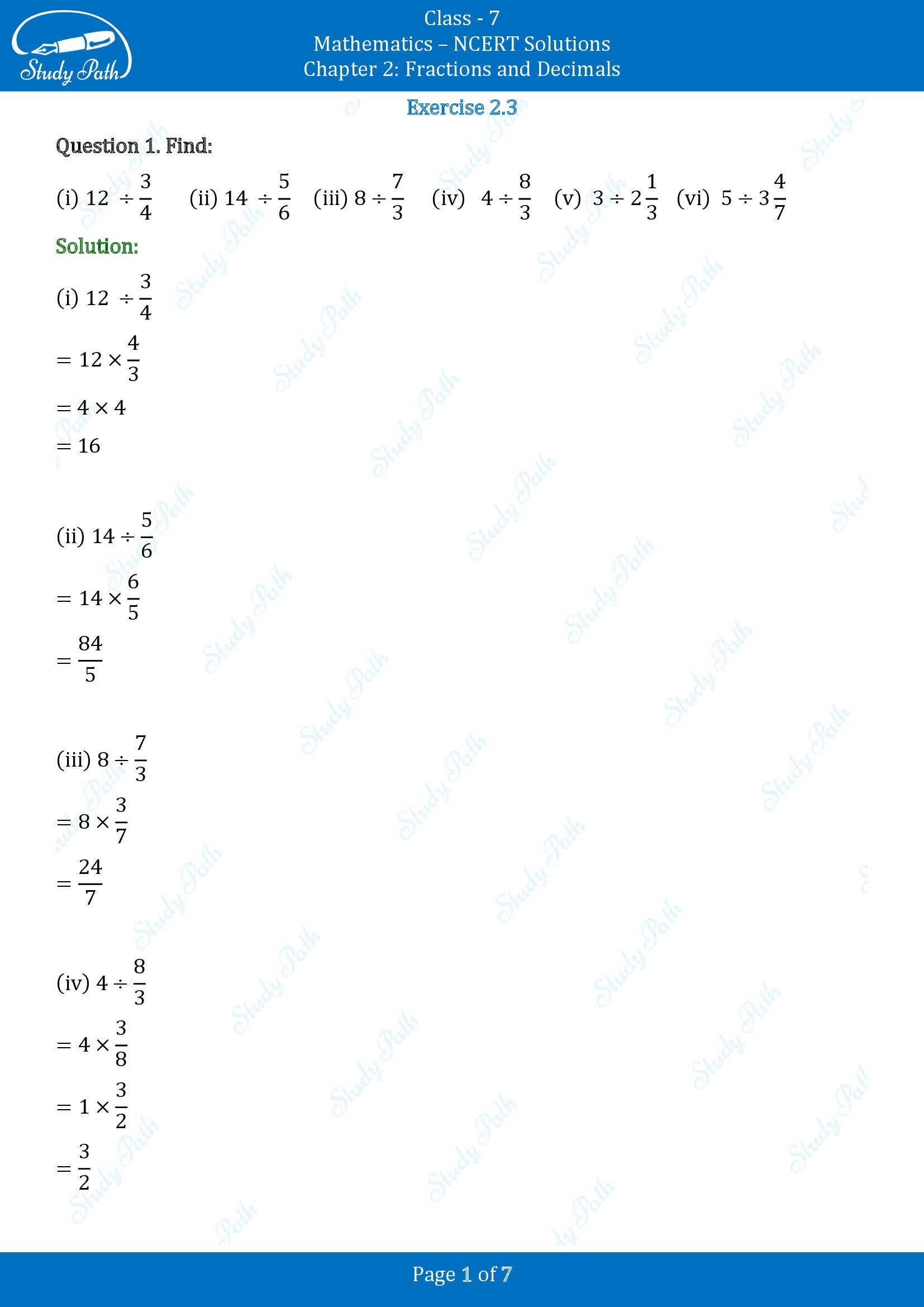 NCERT Solutions for Class 7 Maths Chapter 2 Fractions and Decimals Exercise 2.3 00001