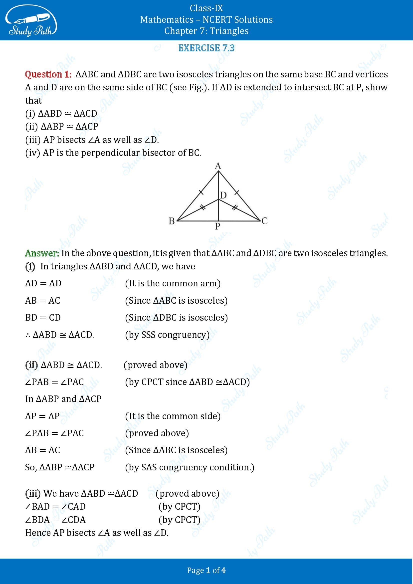 NCERT Solutions for Class 9 Maths Chapter 7 Triangles Exercise 7.3 00001